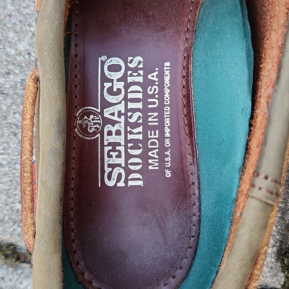 Sebago Docksides Two Tone Brown/Navy/Green Slip-on Leather Boat Shoes - Picture 9 of 11